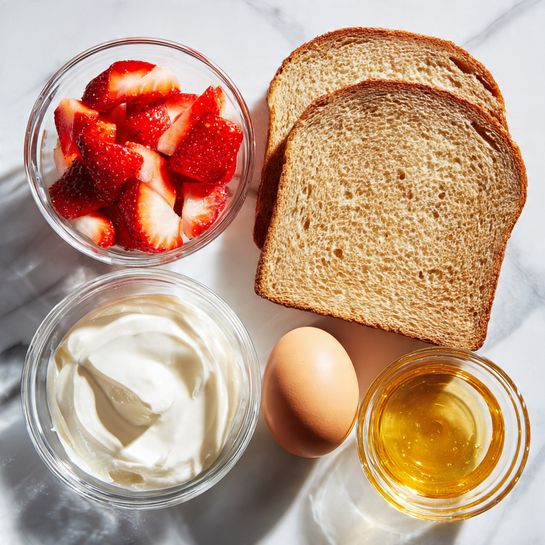 The image shows two slices of light brown bread placed side by side on a white marbled surface. Next to the bread are three small clear glass bowls; one filled with bright red sliced strawberries, another with a thick, creamy white yogurt, and the third with a clear golden liquid, likely honey or syrup. Beside the bowls is a single light brown egg resting directly on the white marbled surface. The arrangement is neat and evenly spaced, with a soft natural light highlighting the textures and colors photo taken with an iphone --ar 4:5 --v 7