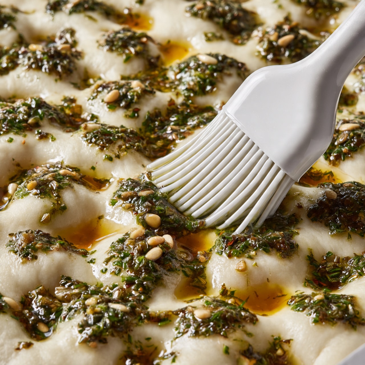 The image shows a close-up of focaccia dough with many small dimples across the surface, filled with a mix of olive oil and herbs that create shiny greenish pools. The dough looks soft and airy with a pale cream color, and tiny pieces of garlic or herb bits are scattered on top. A white silicone brush is gently spreading the oil and herbs mix over the dough, with visible liquid sheen reflecting light. The background is a white marbled texture. photo taken with an iphone --ar 4:5 --v 7
