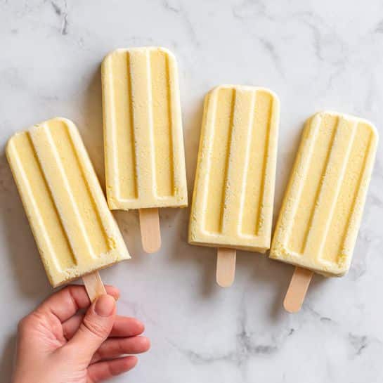 The image shows five yellow popsicles with a smooth texture placed on a white marbled surface. Each popsicle has visible vertical ridges running down its length. One popsicle is held by a woman's hand near the bottom left, while the others lie flat and slightly overlapping. The wooden sticks are light-colored and partially visible at the base of each popsicle. The overall look is bright, cold, and refreshing. photo taken with an iphone --ar 4:5 --v 7