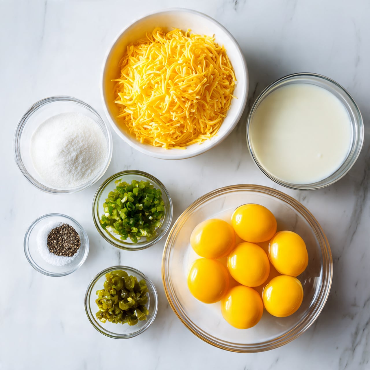 The image shows five bowls on a white marbled surface. In the bottom right, a large transparent bowl is filled with about sixteen raw eggs with bright yellow yolks in clear egg whites. Above it, there is a white bowl full of shredded yellow cheddar cheese. Next to the cheese, on the right, a medium clear bowl holds a smooth, creamy white liquid. Below the cheese, there is a small clear bowl with green chopped peppers in liquid. At the bottom left corner, a tiny round bowl contains white salt and black pepper, side by side. photo taken with an iphone --ar 4:5 --v 7