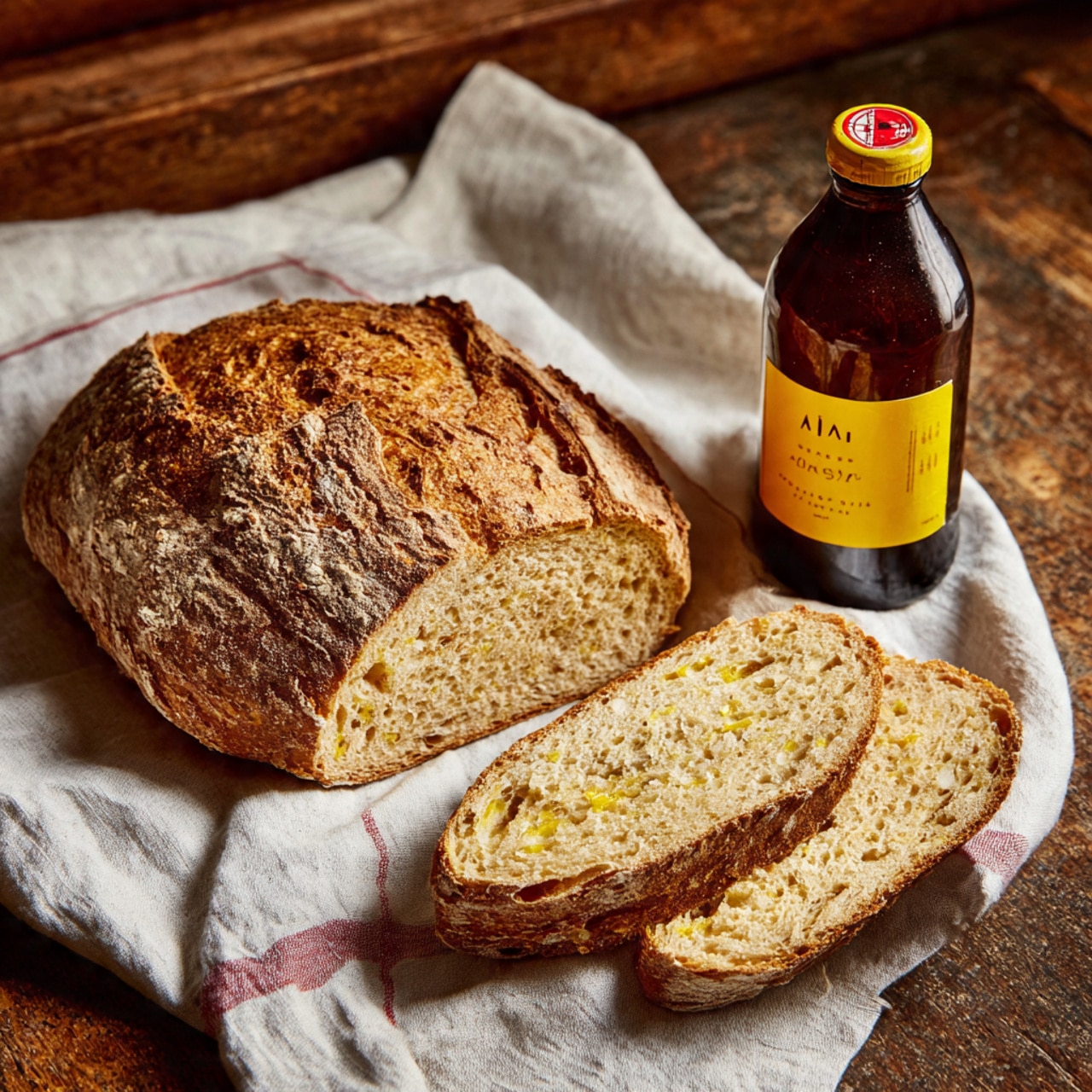 A loaf of golden brown bread with a rough, textured crust sits on a white cloth with faint red stripes, partially covering a dark wooden surface. Two thick slices of bread are laid flat in front of the loaf, showing a soft, pale yellow inside with small bits of darker texture scattered throughout. Next to the bread lies a brown glass bottle with a yellow label and red text, with the bottle cap resting nearby on the cloth. The photo is taken with an iphone --ar 4:5 --v 7
