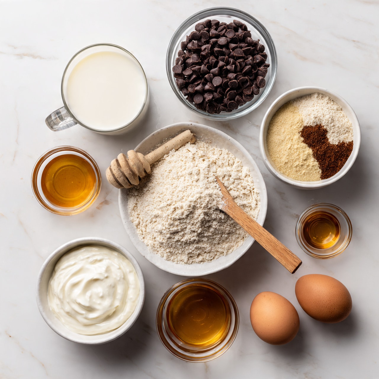 The image shows several ingredients arranged on a white marbled surface. At the center right is a white bowl with light brown dry ingredients like flour and spices, with a wooden spoon resting inside. Surrounding the bowl are different glass and white bowls holding liquid and solid ingredients: a glass cup with white milk on the top left, a white bowl filled with dark brown chocolate chips at the bottom left of center, a small glass cup with light brown liquid at the top, a small glass cup with transparent oil at the bottom left, a round white bowl with thick white yogurt and a small wooden spoon on the bottom center, and a glass cup with dark golden honey at the bottom right. Two brown eggs are placed near the center on the marbled surface. Photo taken with an iphone --ar 4:5 --v 7