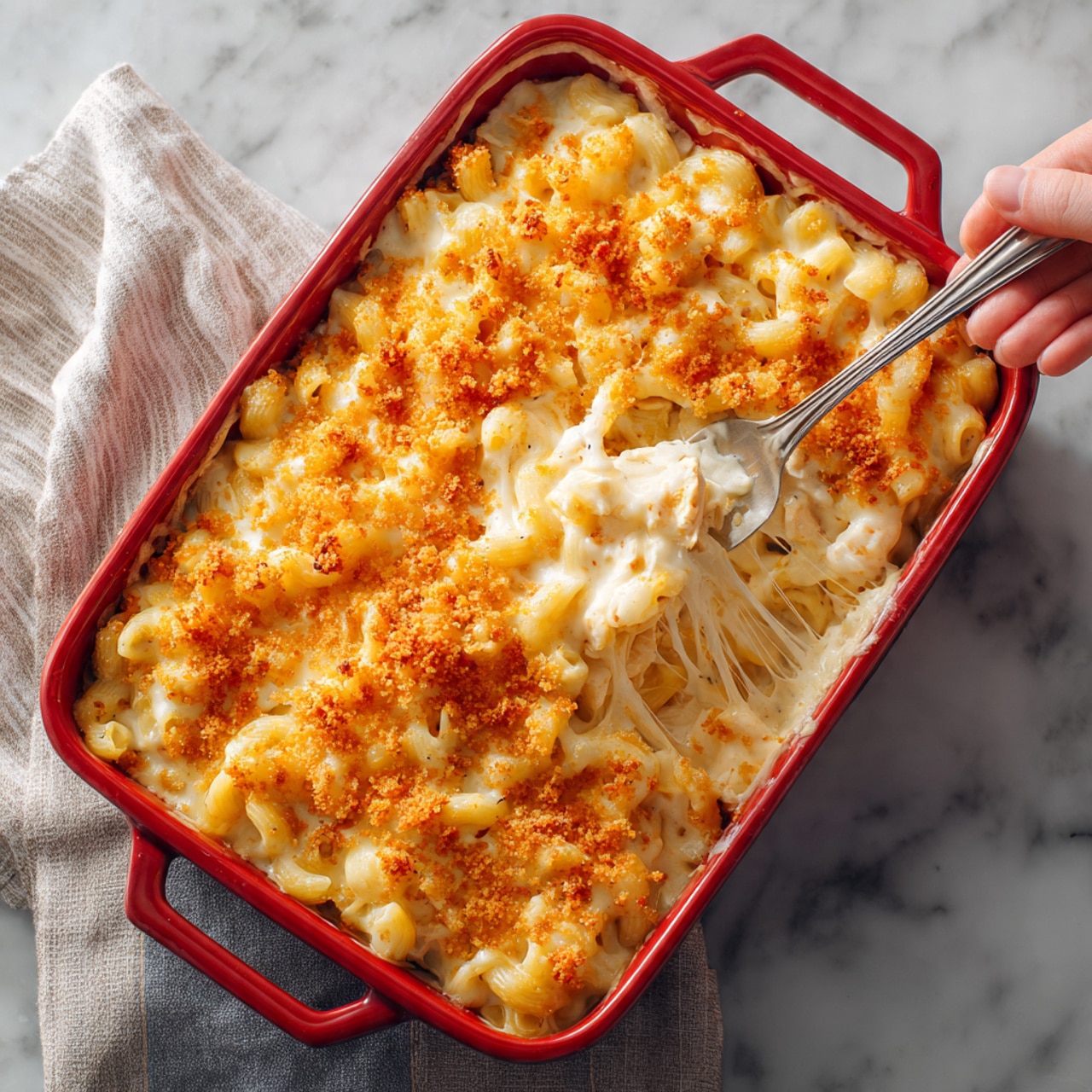 A red rectangular baking dish filled with creamy macaroni and cheese topped with bright orange crispy crumbs. The macaroni is covered with melted cheese that looks smooth and thick, showing layers of tender pasta mixed with white shredded chicken pieces. A silver fork held by a woman's hand lifts a portion of the dish, stretching melted cheese in long strands above the rest of the cheesy pasta. The dish sits on a white marbled surface with a folded cloth nearby. photo taken with an iphone --ar 4:5 --v 7