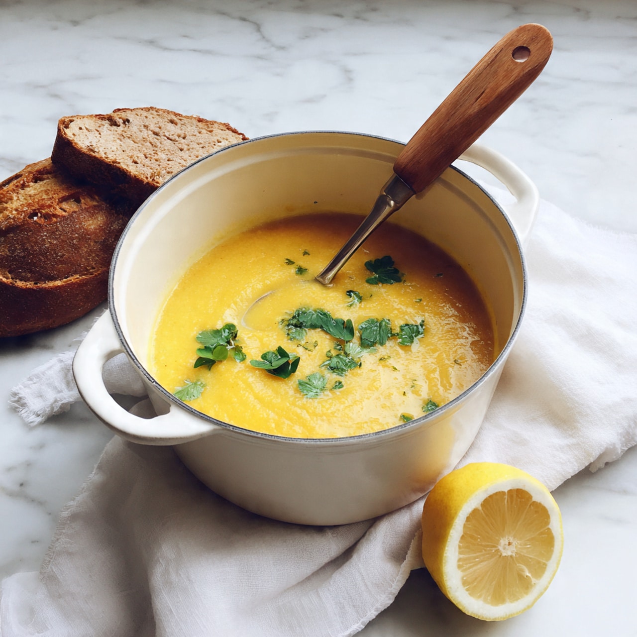 A white pot with a wooden handle is full of thick yellow soup or sauce with small green leaves on top. A metal spoon is inside the pot, resting on the edge. Beside the pot, there is a piece of brown bread and half of a yellow lemon on a white marbled surface. A white cloth is softly placed around the pot. photo taken with an iphone --ar 4:5 --v 7