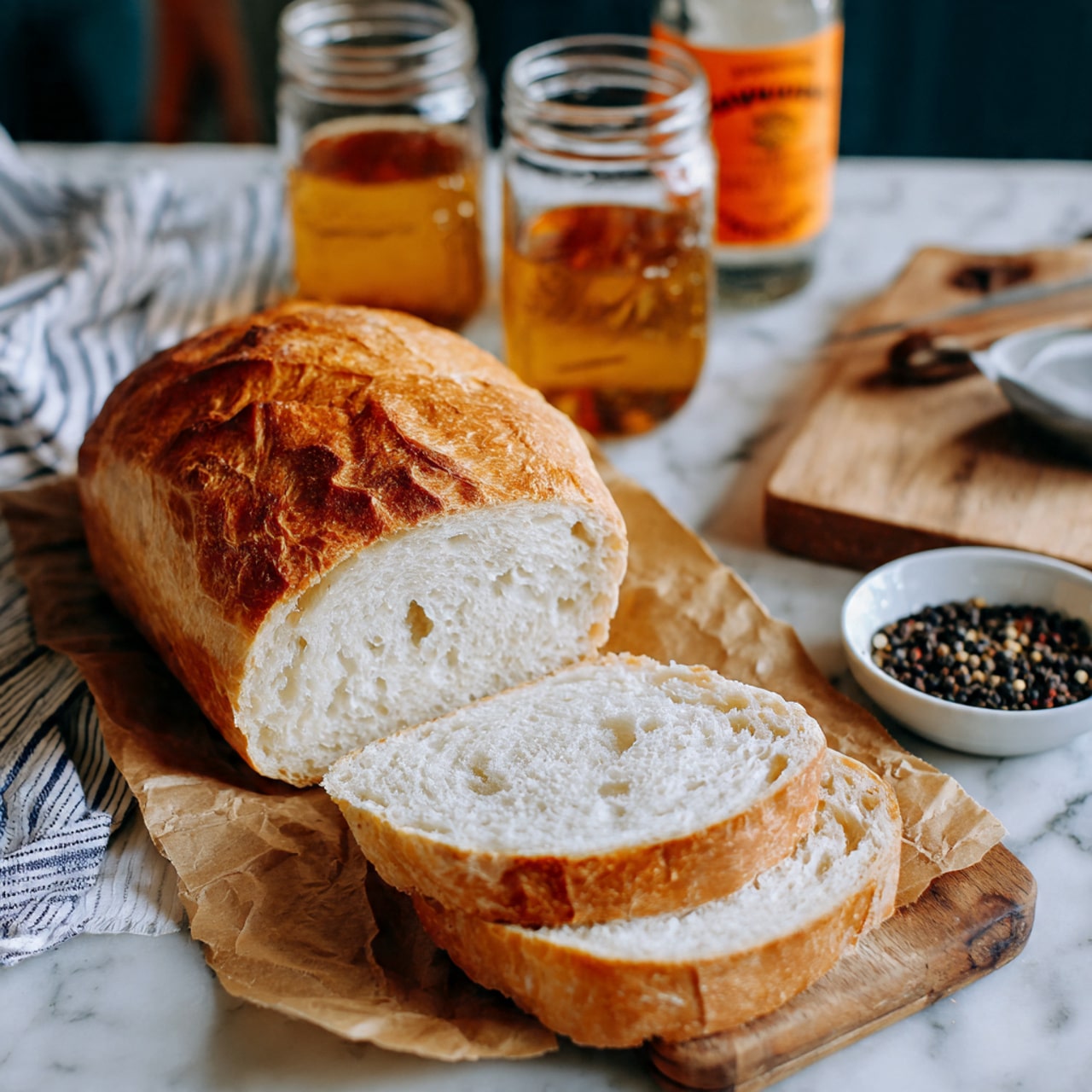 The image shows a loaf of bread on a wooden board lined with brown paper. The bread is rough and golden brown on top with a bumpy crust. Three slices are cut from the loaf and lay flat, showing a soft, light beige inside. In the background, two clear glass mason jars filled halfway with amber liquid sit on a striped white and navy cloth. Behind the jars, a small white dish holds black peppercorns, and a bottle with an orange label stands on a wooden cutting board. The surface under everything is a white marbled texture, with a navy cloth draped on the right side. Photo taken with an iphone --ar 4:5 --v 7