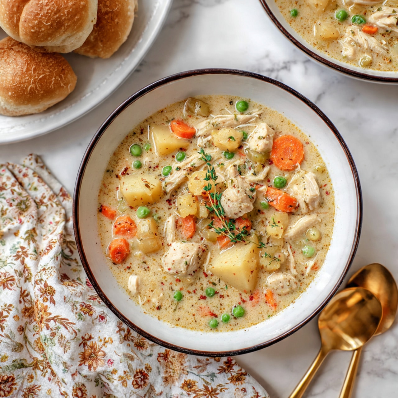 The image shows a bowl of creamy chicken soup filled with chunks of light beige chicken, orange carrot pieces, green peas, and small bits of potatoes in a thick white broth. The soup is served in a white bowl with a dark rim, placed on a white marbled surface. Next to the bowl, there is a golden spoon and a cloth with a beige, brown, and white floral pattern. In the background, a white plate holds several round pieces of bread. Photo taken with an iphone --ar 4:5 --v 7