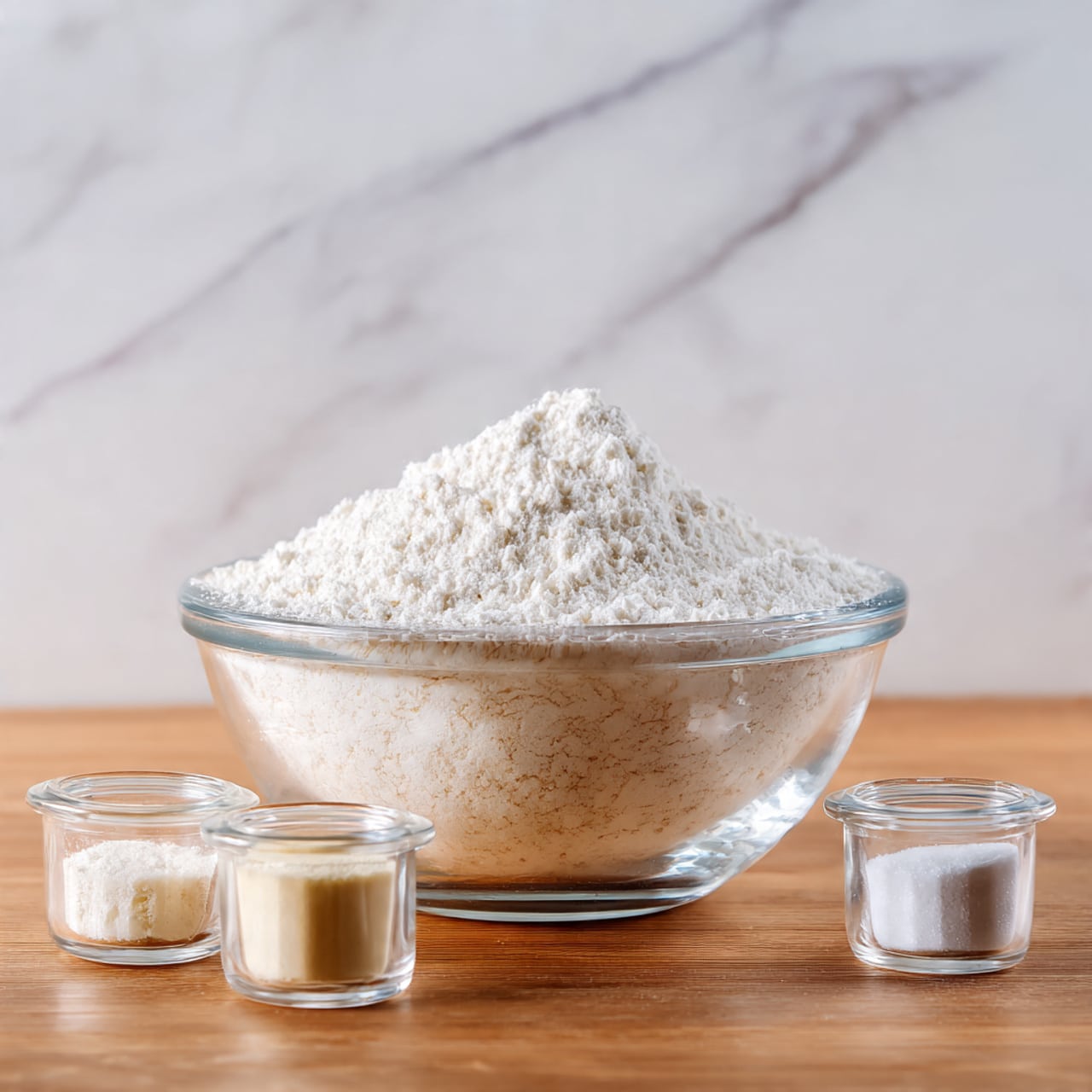 A clear glass bowl filled with a white powdery substance, placed on a wooden surface with a simple light brown tone. In front of the bowl, there are three small clear glass containers, each holding different white or light-colored powders or liquids, arranged side by side in a row. The background is a clean white marbled texture. photo taken with an iphone --ar 4:5 --v 7