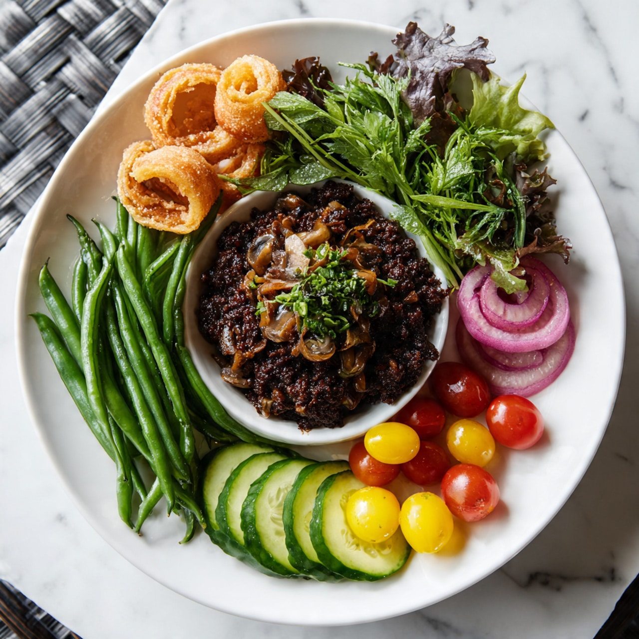 A white bowl filled with dark brown minced meat mixed with small pieces of mushrooms sits in the center of a white plate. Around the bowl on the plate are fresh green leafy vegetables including lettuce and herbs, some long green beans and purple beans standing upright, yellow and red cherry tomatoes, thinly sliced cucumber arranged in a neat stack, and a few curled light brown crispy pork rinds. The plate rests on a white marbled surface with a woven textured background. photo taken with an iphone --ar 4:5 --v 7