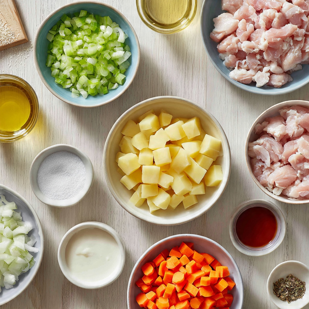 A top view of multiple bowls and small dishes arranged on a light wooden surface showing raw ingredients for cooking; the largest bowl in the center contains pale yellow diced potatoes, to the right a bowl holds light pink chopped raw chicken, below that a bowl has bright orange diced carrots, and to the left of the carrots is a bowl filled with chopped white onions, with a bowl of chopped green celery beside it; smaller dishes hold white powder (flour), salt and ground pepper, a creamy white liquid, a yellowish oil, and a reddish-brown liquid, all arranged neatly around the main bowls, the scene simple and clean, photo taken with an iphone --ar 4:5 --v 7