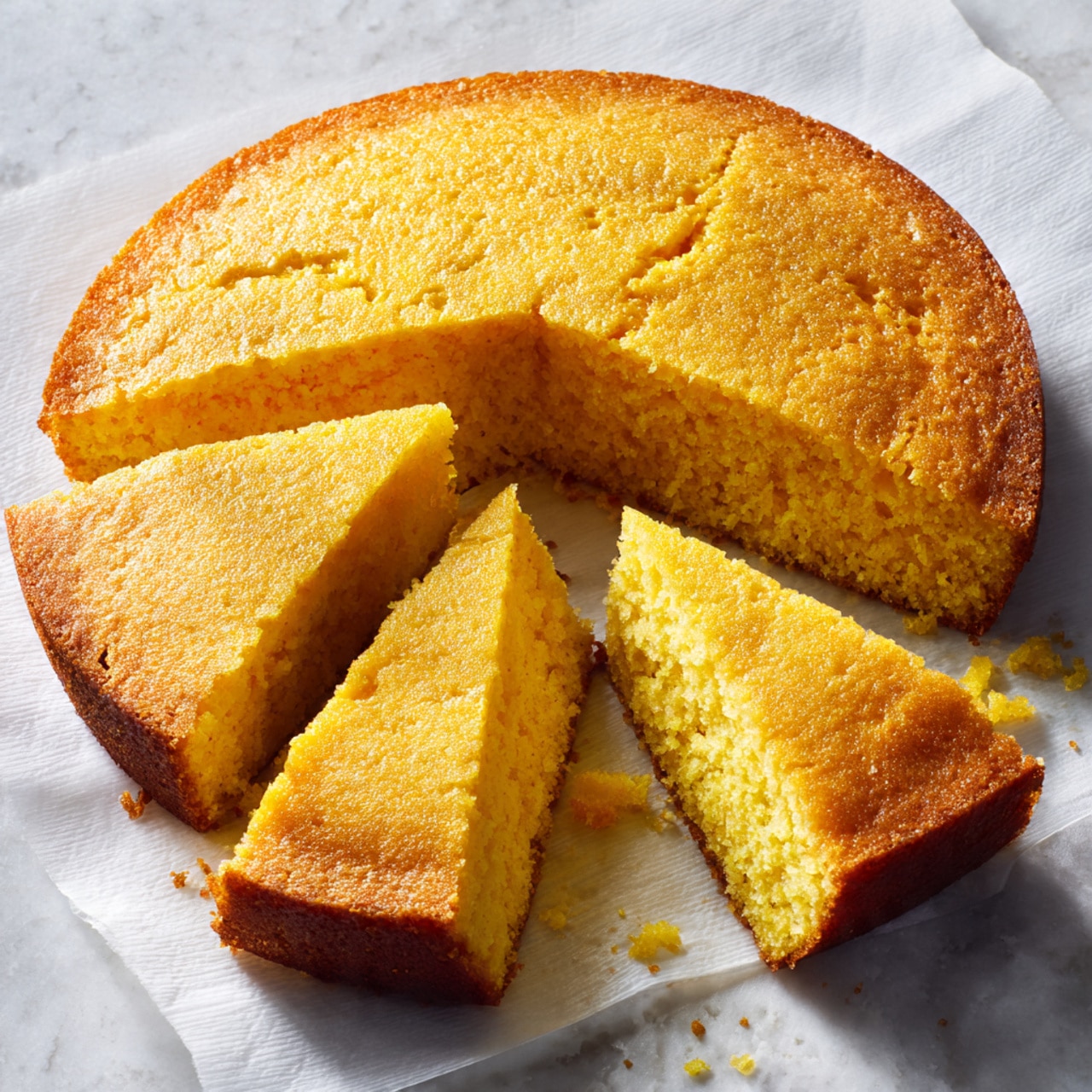 A round, golden yellow cornbread is placed on a white marbled surface lined with white parchment paper. A large slice has been taken out from the cake, and two long, thick slices lie on their side next to the main piece, showing a dense and slightly crumbly inside texture with a warm, orange tinge. The top of the cornbread is smooth with small, uneven cracks and a matte finish. Photo taken with an iphone --ar 4:5 --v 7