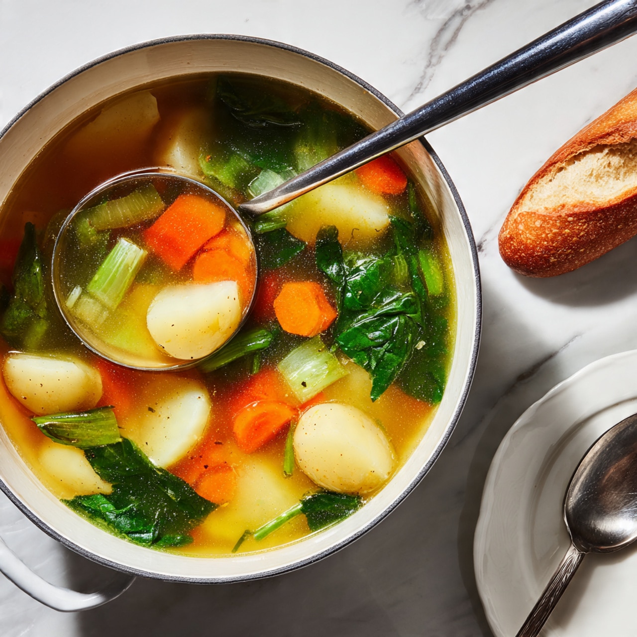 A white pot filled with vegetable soup sits on a white marbled surface. The soup has several layers: the bottom layer shows a clear yellow broth, with floating chunks of orange carrots, white potatoes, green spinach leaves, and pale green celery pieces. A large silver ladle rests inside the pot, partially submerged in the soup. To the right of the pot, a white plate holds a long piece of bread with a golden crust. A silver spoon also lies next to the white plate. The scene is softly lit, showing the fresh colors of the vegetables and the smooth texture of the broth. Photo taken with an iphone --ar 4:5 --v 7