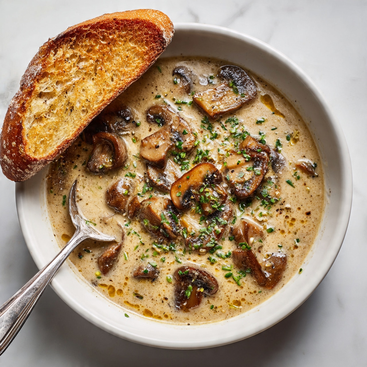 The image shows a white bowl filled with creamy mushroom soup. The soup has thick, light beige cream as a base, with slices of brown mushrooms spread all over the top. There are small green herbs sprinkled lightly on the surface. The texture looks smooth but with visible pieces of mushrooms and a slight orange oil sheen around the edges. A spoon is partially inside the bowl on the left side. The bowl sits on a white marbled surface. Photo taken with an iphone --ar 4:5 --v 7