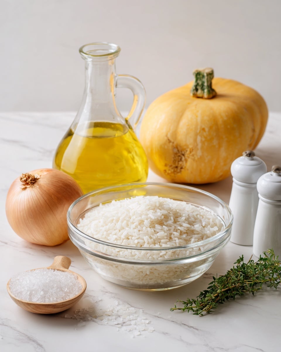 The image shows a clear glass bowl filled with white rice placed in the center on a white marbled surface. Surrounding the bowl are a pale yellow butternut squash on the right, a golden-brown onion on the left, a fresh green herb sprig below the bowl, a glass jar with light yellow liquid behind the onion, a clear bottle with light-yellow olive oil behind the bowl, and two white salt and pepper shakers on the right side near the squash. The scene is well-lit and clean with natural colors. Photo taken with an iphone --ar 4:5 --v 7