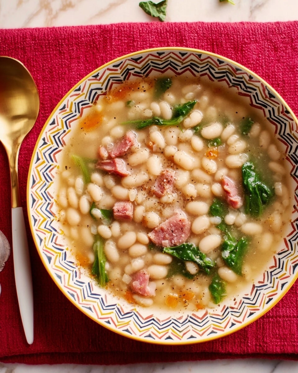 The image shows a white bowl with a colorful zigzag pattern around the rim filled with soup. The soup has light broth with small white beans, pieces of pink meat, and green leafy vegetables spread evenly throughout. The bowl is placed on a bright red cloth on a white marbled surface. A gold spoon and a white-handled spoon rest to the left of the bowl. The overall look is warm and fresh. photo taken with an iphone --ar 4:5 --v 7