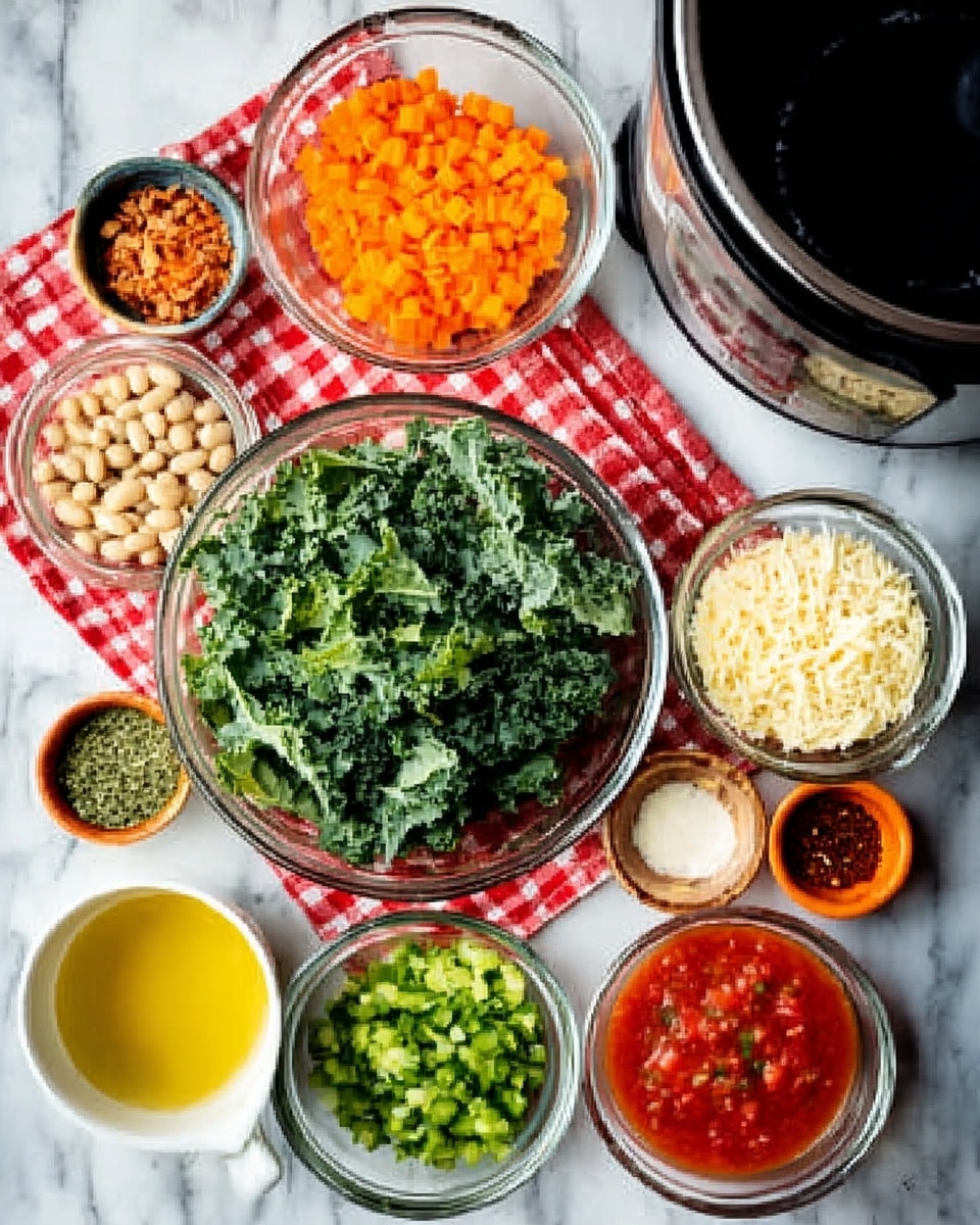 The image shows an overhead view of nine clear glass bowls arranged on a white marbled surface with a red and white checkered cloth underneath some of them. The largest bowl in the center holds fresh green kale leaves with a rough texture. Surrounding it are smaller bowls: one with finely chopped orange carrots, another with diced green bell peppers, a bowl filled with shredded white cheese with soft texture, a bowl containing white beans, and a bowl with tomato sauce. There is also a cup filled with light yellow broth and a small bowl with golden oil. Two tiny bowls hold spices: one with crushed red pepper flakes and the other with dried herbs. A stainless steel slow cooker pot with a black lid is seen at the top right corner. Photo taken with an iphone --ar 4:5 --v 7