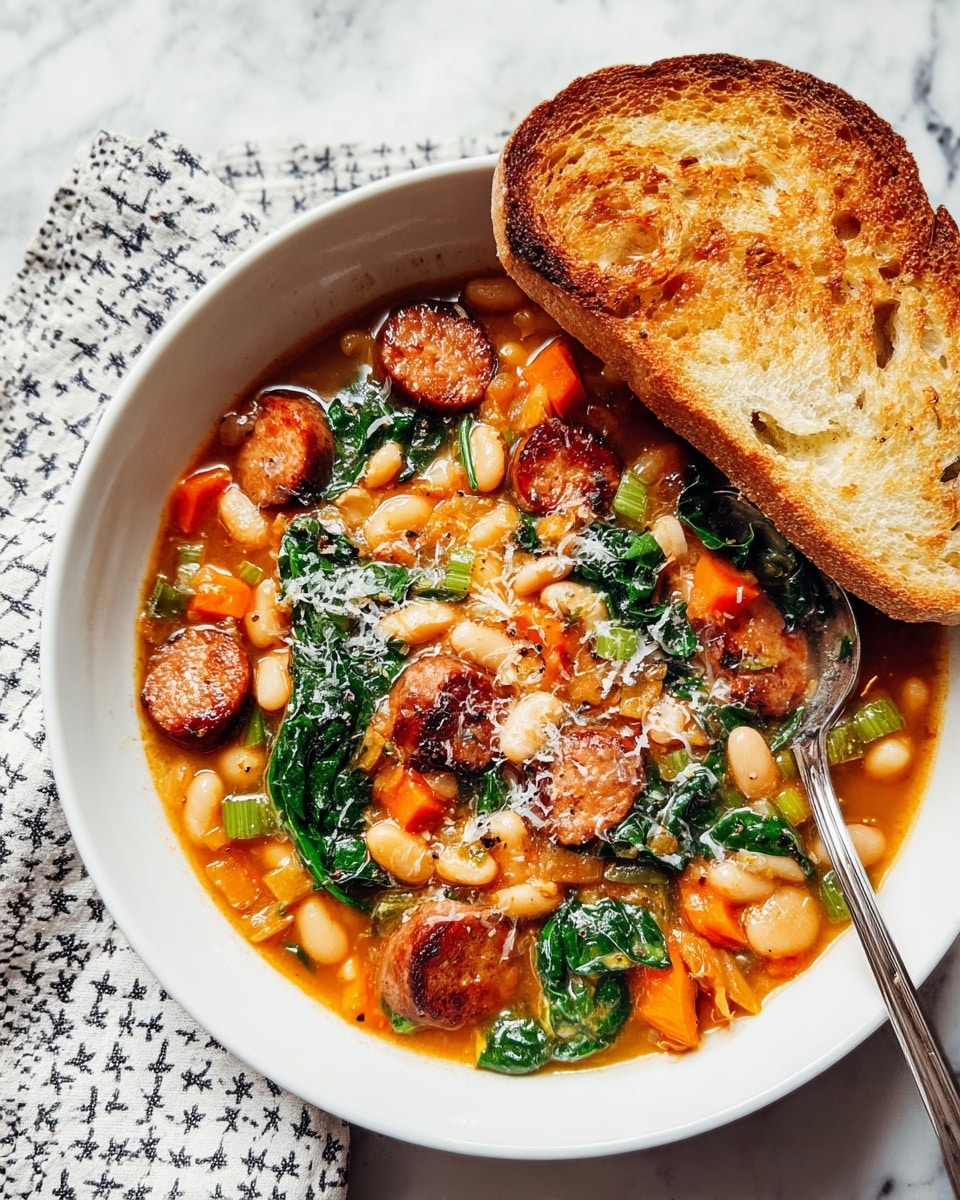 A white bowl sits on a white marbled surface with a pattern cloth underneath. Inside is a thick stew made of several layers: the base layer is an orange broth filled with white beans and small green celery chunks, mixed with bright orange carrot slices. Scattered on top are browned sausage slices and dark green leafy spinach pieces. The stew is sprinkled lightly with white grated cheese. A large slice of toasted brown bread rests on the right edge of the bowl, partly dipped into the stew, while a shiny spoon is placed in the stew above the bread. Photo taken with an iphone --ar 4:5 --v 7