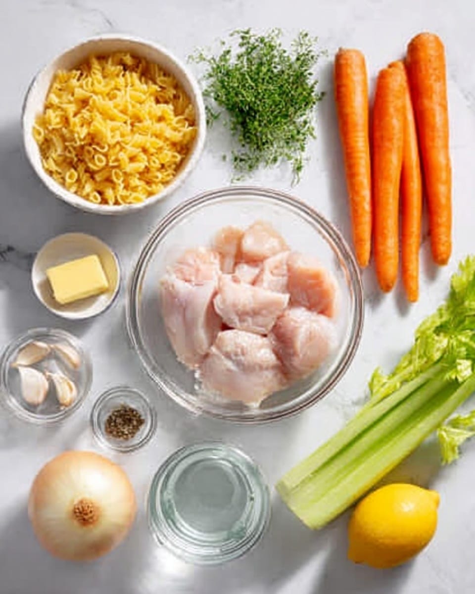 The image shows ingredients for a recipe arranged neatly on a white marbled surface. In the center, there is a clear glass bowl with raw chicken pieces that are pale pink and smooth. Around the bowl, fresh orange carrots with a slightly shiny texture lie horizontally. To the top left, there is a small bunch of green herbs with fine leaves. On the left side, there is a white bowl filled with small yellow pasta shapes. Below it, a small piece of yellow butter rests directly on the surface. Near the chicken bowl, to the right, a small clear dish with black pepper and another with light brown garlic slices are placed. A glass bowl with clear water sits nearby, reflecting light. On the bottom right, there is a round pale yellow onion with a slightly rough texture. Next to it stand several bright green celery stalks upright with their leafy tops visible. A lemon with a bright yellow color lies to the right edge, partially visible. The setup is well-lit with soft natural light. photo taken with an iphone --ar 4:5 --v 7