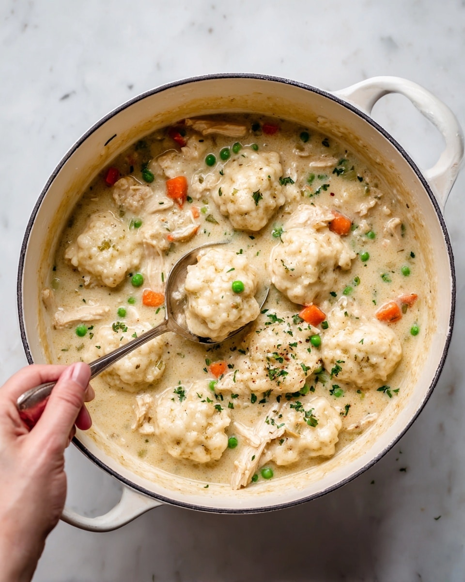 The image shows a white pot filled with a creamy chicken stew with visible chunks of white chicken meat and large, fluffy white dumplings floating on top. The stew has small pieces of orange carrots and green peas scattered throughout, adding color to the pale broth. There is a spoon inside the pot with a woman's hand holding it, ready to serve. The surface underneath is a white marbled texture. photo taken with an iphone --ar 4:5 --v 7