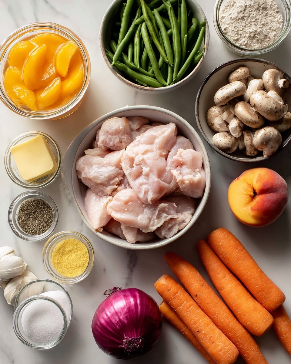 A flat lay of raw cooking ingredients on a white marbled surface shows a layered setup: in the center, a bowl of light pink raw chicken pieces; to the right, two bright orange whole carrots and a white bowl filled with light brown mushrooms; above, a clear bowl with green frozen green beans, next to two glass jars filled with orange-yellow peaches and bright orange liquid; to the left, small clear bowls with white flour, yellow powder, and salt with black pepper, along with a square of light yellow butter and three cloves of light beige garlic near a whole purple onion. Photo taken with an iphone --ar 4:5 --v 7