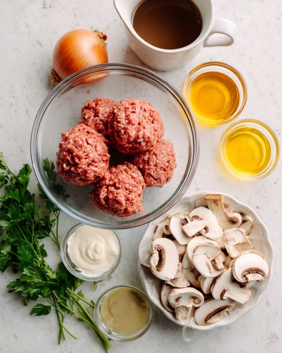 A clear glass bowl holds four pieces of raw ground meat with a reddish color and rough texture, placed on a white marbled surface. Below and to the right of the bowl, a smaller white dish is full of sliced mushrooms showing creamy white and light brown tones with a smooth texture. Around the main bowl, there are several small clear glass bowls with different ingredients – a bowl with a golden yellow liquid likely oil, a bowl with white thick sauce or cream, and a bowl containing a light green smooth paste. On the upper left side, a white cup holds a beige liquid, and next to it, a clear glass pitcher filled with dark brown broth or sauce. An orange onion sits on the right side next to fresh green parsley leaves, adding a touch of color contrast to the scene. The whole setup rests on a white marbled surface. photo taken with an iphone --ar 4:5 --v 7