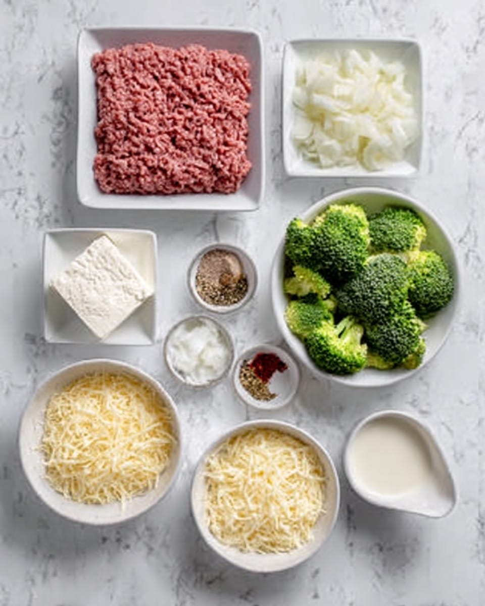 The image shows nine white dishes arranged on a white marbled surface. From the top left, there is a rectangular white dish holding white cream cheese, next to it a square white plate filled with raw ground meat in a soft red color, and on the far right a square white bowl full of green broccoli florets. Below, a small round white bowl has grated light yellow cheese, and beside it, a medium round white bowl contains shredded pale yellow cheese. In the center, a small divided white dish holds brown pepper, red spice flakes, and a small pile of salt. To the right, a small round white bowl contains chopped white onions, and next to it a small round white bowl holds a white liquid, possibly cream. The overall arrangement is neat and the colors contrast well with the white marbled background. Photo taken with an iphone --ar 4:5 --v 7