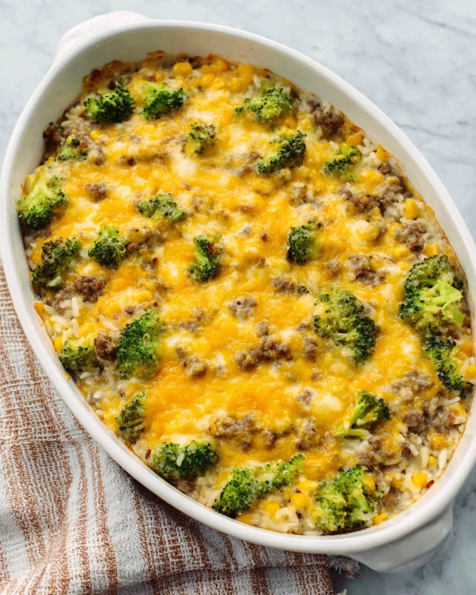The dish is a baked casserole served in a white oval dish. The top layer is melted golden-yellow cheese mixed with small yellow corn kernels. Underneath the cheese, green broccoli florets are visible, spread evenly across the surface. The casserole has a mix of white rice and small pieces of ground meat throughout. The dish sits on a soft white marbled surface with a cloth napkin slightly visible beside it. The overall look is warm, cheesy, and hearty. photo taken with an iphone --ar 4:5 --v 7