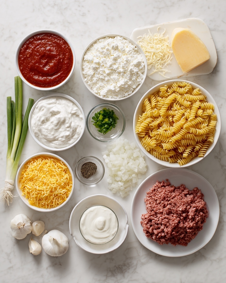 The image shows ingredients laid out on a white marbled surface, each in a white plate or bowl. Starting from the top left, there is a bowl of thick, deep red tomato sauce, next to it a bowl of white cottage cheese. To the top right, a wedge of light yellow cheese sits on a small cutting board with some shredded pieces in front of it. Below the cottage cheese, there is a small bowl of chopped green onions. Below that, a white bowl contains a mix of yellow and white shredded cheese. To the right of the green onions, a larger bowl is filled with dry, yellow spiral pasta. Towards the bottom right, a minced meat portion lies on a white plate, next to a small bowl of white diced onions. In the center is a bowl of thick white sour cream, and a small glass bowl with ground black pepper and a tiny silver spoon inside. Two garlic cloves and a whole garlic bulb are placed near the left side of the arrangement. The overall setting is neat and organized, with each item clearly visible. photo taken with an iphone --ar 4:5 --v 7