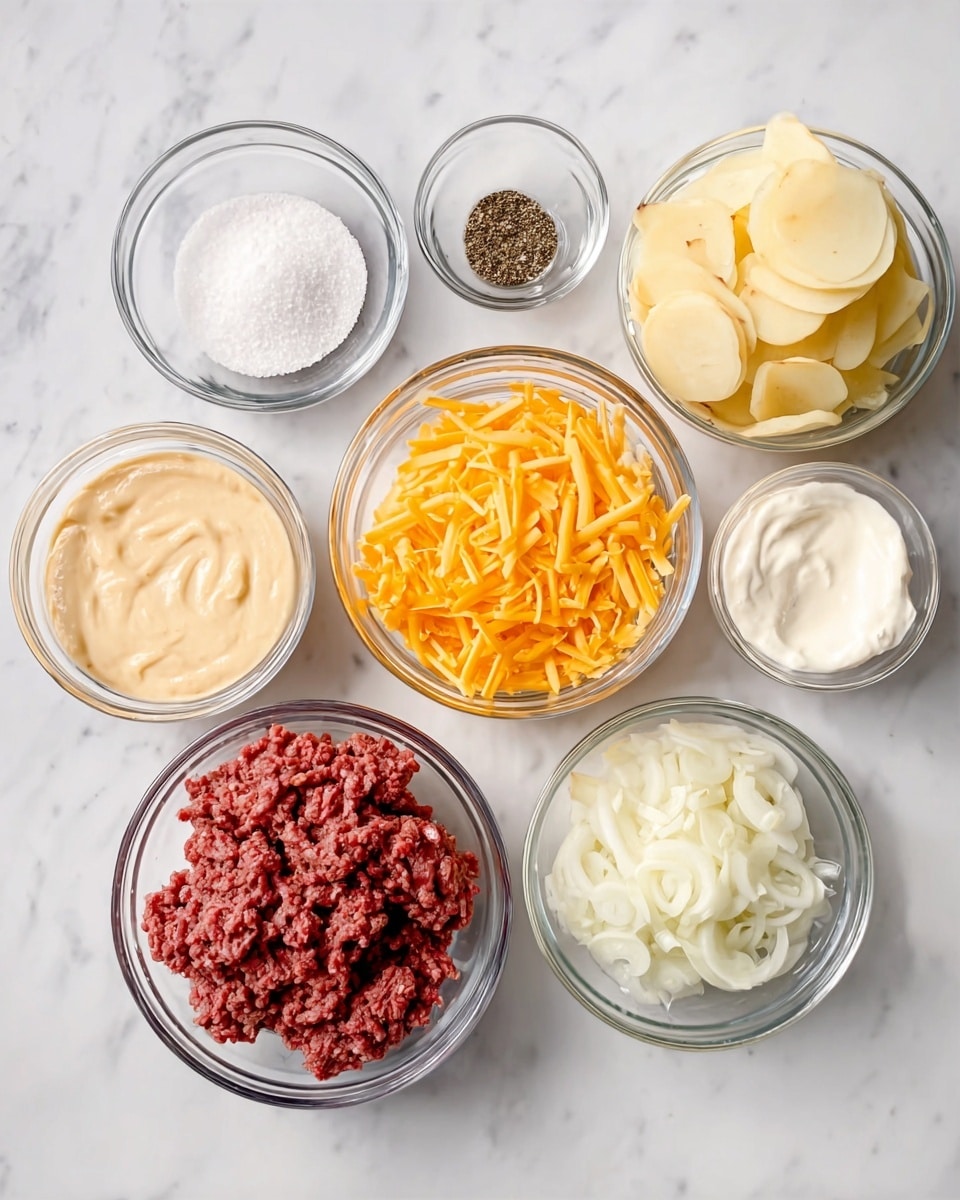 The image shows seven clear glass bowls arranged on a white marbled surface. Starting from the top left, there is a small bowl with white salt, next to it a small bowl with ground black pepper, and to the right, a small bowl filled with white liquid cream. Below the cream is a small bowl with finely chopped white onions. To the left of the onions is a small bowl filled with beige creamy sauce. At the center is a medium bowl with bright orange shredded cheddar cheese. To the left of the cheese is a large bowl with thin pale yellow potato slices, and above that is a large bowl with red ground beef. All the bowls have clear glass textures, showing the ingredients clearly inside. The photo taken with an iphone --ar 4:5 --v 7