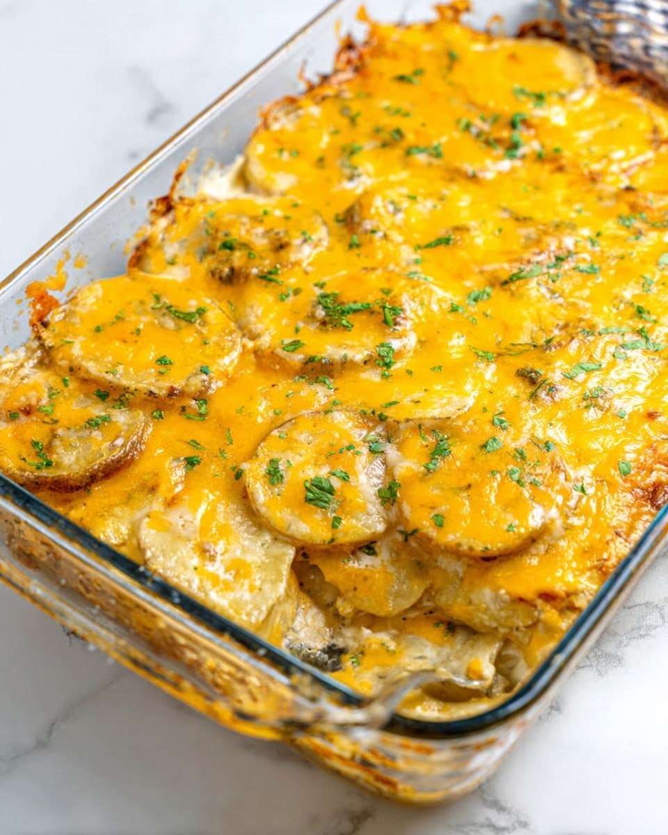 The image shows a clear glass baking dish filled with a layered casserole. The top layer is melted golden yellow cheese with small green herb pieces sprinkled across. Below, thin beige potato slices are visible, slightly baked with a soft texture. The casserole is garnished with fresh green herbs on top. The dish sits on a white marbled surface, and the whole scene looks warm and inviting. Photo taken with an iphone --ar 4:5 --v 7
