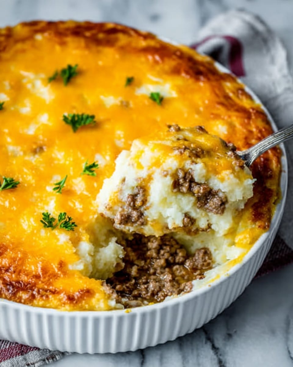 A white bowl filled with a layered casserole dish showing a browned, slightly crispy cheesy top with melted yellow and white cheese, garnished with small green parsley leaves. Inside, there is a middle layer of cooked, crumbled brown meat mixed with bits of white sauce. A spoon lifts a scoop revealing creamy mashed potatoes at the bottom with a golden cheesy crust, all sitting on a white marbled textured surface. Photo taken with an iphone --ar 4:5 --v 7