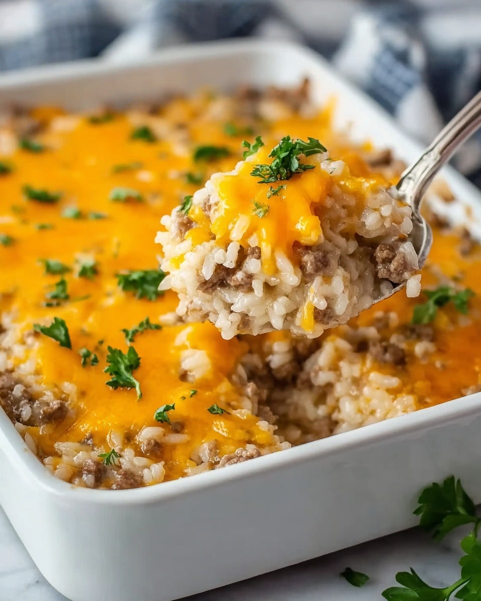 The image shows a white square baking dish filled with a layered casserole. The bottom layer is cooked rice mixed with ground beef, showing a light brown and beige color with a soft texture. On top, there is a thick layer of melted bright orange cheddar cheese covering the rice and beef. Small bits of fresh green parsley are scattered on the cheese for a touch of color. A silver spoon lifts a portion from the dish, holding a mix of the rice, beef, and cheese layers. The dish sits on a white marbled surface with a blurred cloth in the background. Photo taken with an iphone --ar 4:5 --v 7
