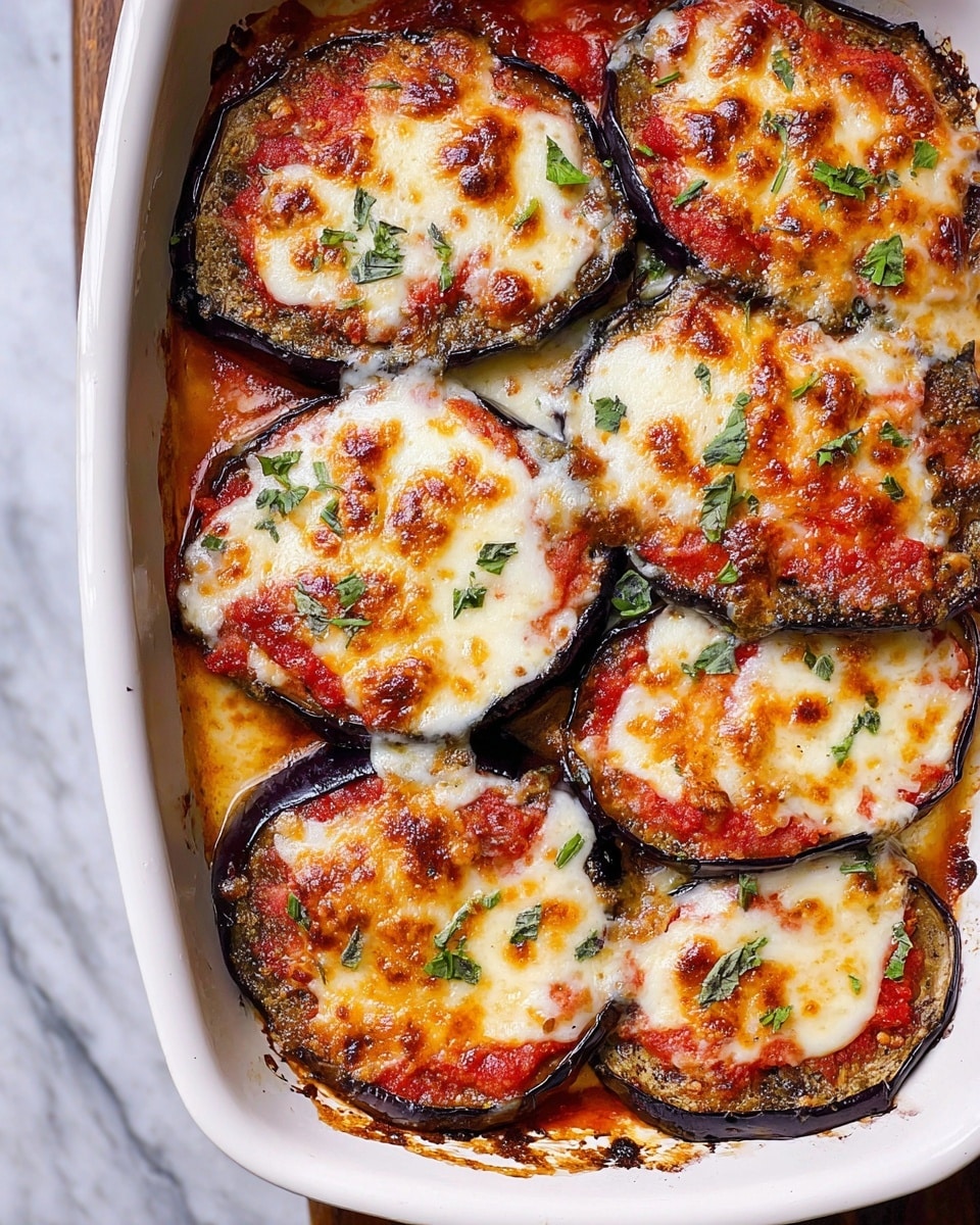The dish shows a white baking tray filled with several thick slices of dark purple eggplant, each topped with a layer of bright red tomato sauce and melted white cheese that has golden-brown spots and looks soft and bubbly. The eggplants are arranged, slightly overlapping each other. Small green herb leaves are sprinkled evenly on top, adding a fresh touch. The edges of the tray have some browned melted cheese and sauce spots, suggesting it was baked. The whole setup is placed on a white marbled surface. Photo taken with an iphone --ar 4:5 --v 7