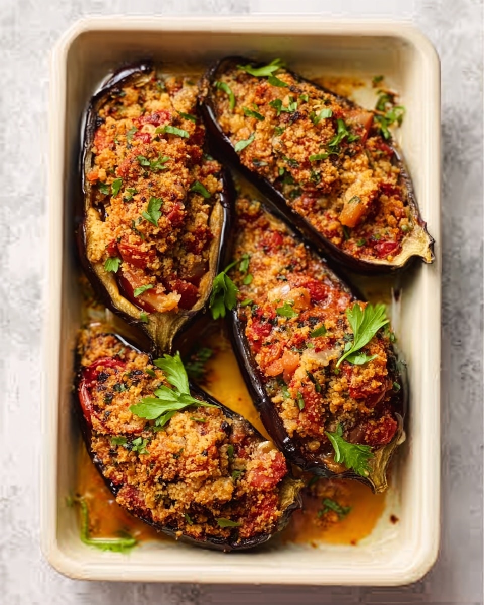 The image shows four stuffed eggplant halves inside a white rectangular baking dish on a white marbled surface. Each eggplant half has a dark purple, slightly charred skin with a golden-brown crumb topping that looks crispy and textured. The stuffing is richly colored with reds and greens, suggesting a mix of tomatoes and herbs visible under the crumb layer. Some fresh green herb leaves are scattered on top of the dish, adding a touch of brightness. The overall look is warm and inviting with a slight shine on the surface of the stuffing. Photo taken with an iphone --ar 4:5 --v 7