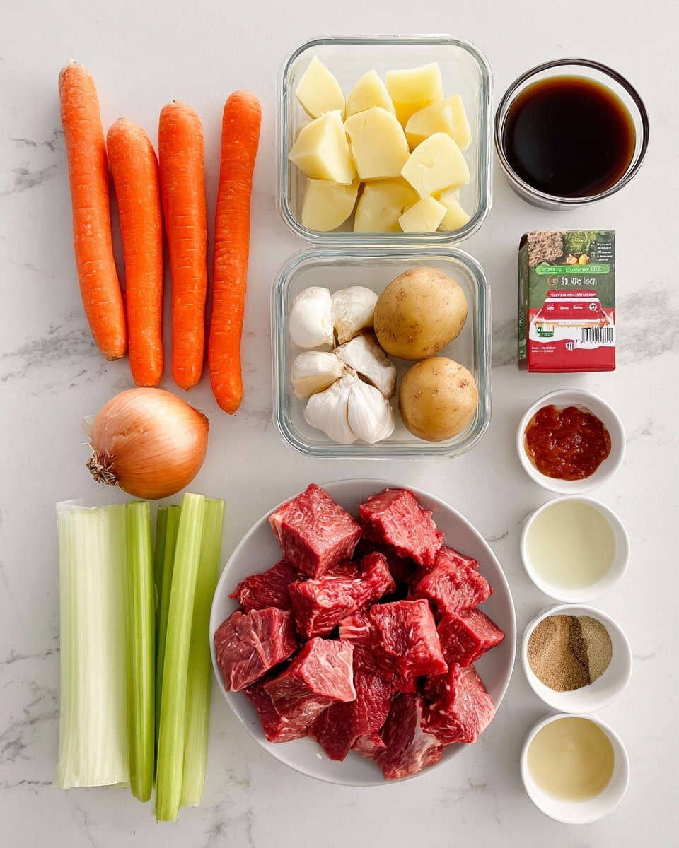 A top view of raw cooking ingredients neatly arranged on a white marbled surface, including three whole bright orange carrots on the left, a brown onion below them, and three celery stalks beside the onion. Above these vegetables are two clear glass containers, one holding peeled potato chunks and another filled with cubed raw red beef with white marbling. To the right side lie a carton of red and green beef stock, beside several small white bowls containing various ingredients such as garlic cloves, spices, a dark brown liquid, a beige powder, red paste, and a small amount of light yellow liquid. The ingredients are organized clearly and spaced evenly in a clean, bright layout. Photo taken with an iphone --ar 4:5 --v 7