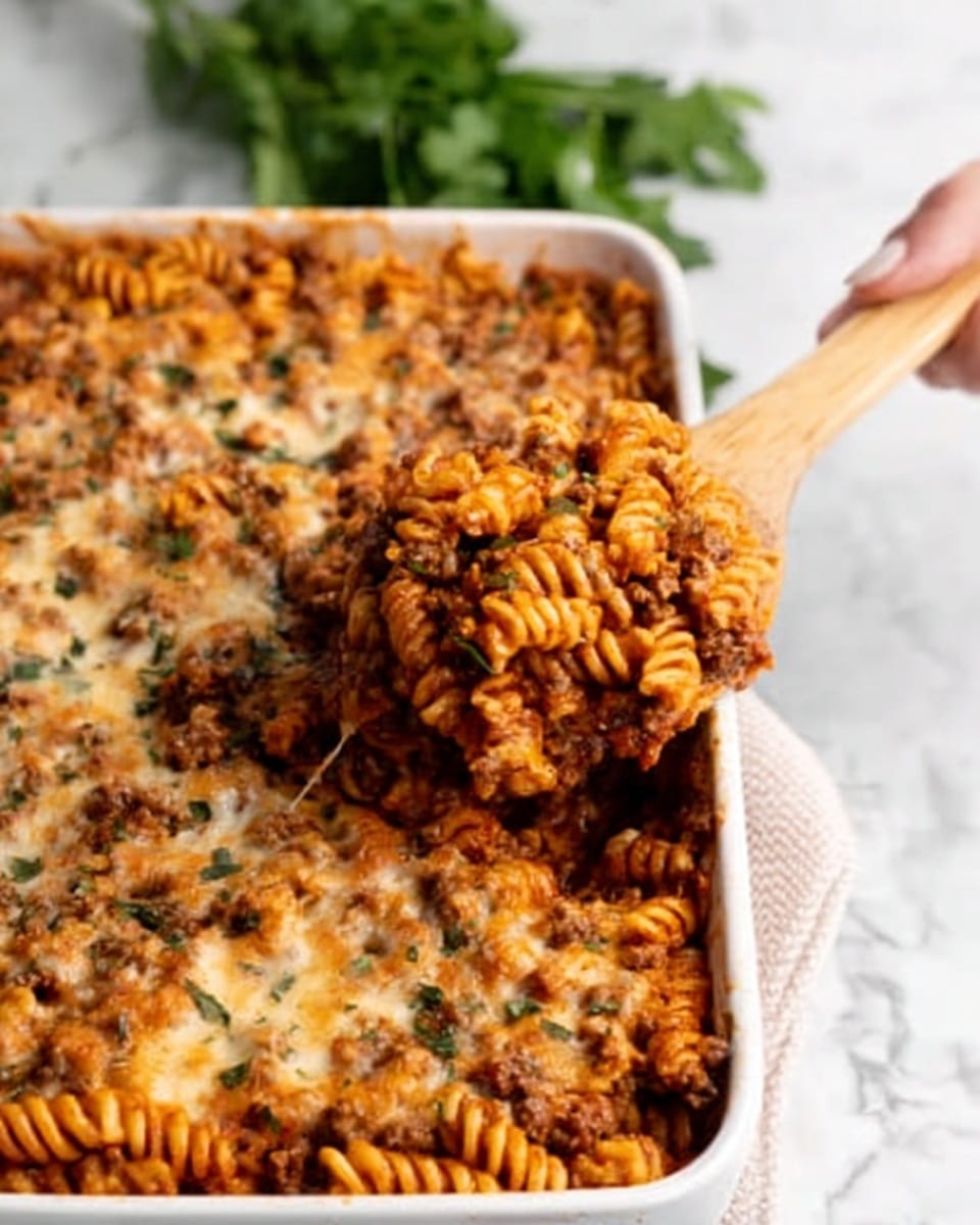 The image shows a white rectangular dish filled with baked pasta, made with spiral-shaped noodles covered in a rich tomato sauce mixed with ground meat. The top layer is golden-brown and slightly crispy with some melted cheese and scattered herbs for garnish. A wooden spoon held by a woman's hand is scooping pasta from the dish, revealing the thick, saucy texture beneath the crust. The surface under the dish has a white marbled texture with some leafy greens blurred in the background. Photo taken with an iphone --ar 4:5 --v 7