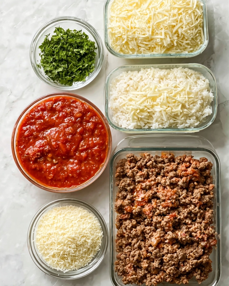 The image shows six glass containers of different sizes on a white marbled surface, each filled with different ingredients neatly arranged. One large rectangular glass container holds cooked ground beef with a crumbly texture and brown color, placed at the bottom right. Another large rectangular glass container at the top right contains cooked rice, soft and white. A medium round glass bowl in the middle left is filled with shredded white cheese, fluffy and light. Below it, a smaller round glass bowl has grated Parmesan cheese, off-white and fine. At the top left, a small round glass bowl contains fresh green leafy herbs, finely chopped. The bottom left rectangular glass container holds a thick red tomato sauce with visible chunks of tomato and herbs. Photo taken with an iphone --ar 4:5 --v 7