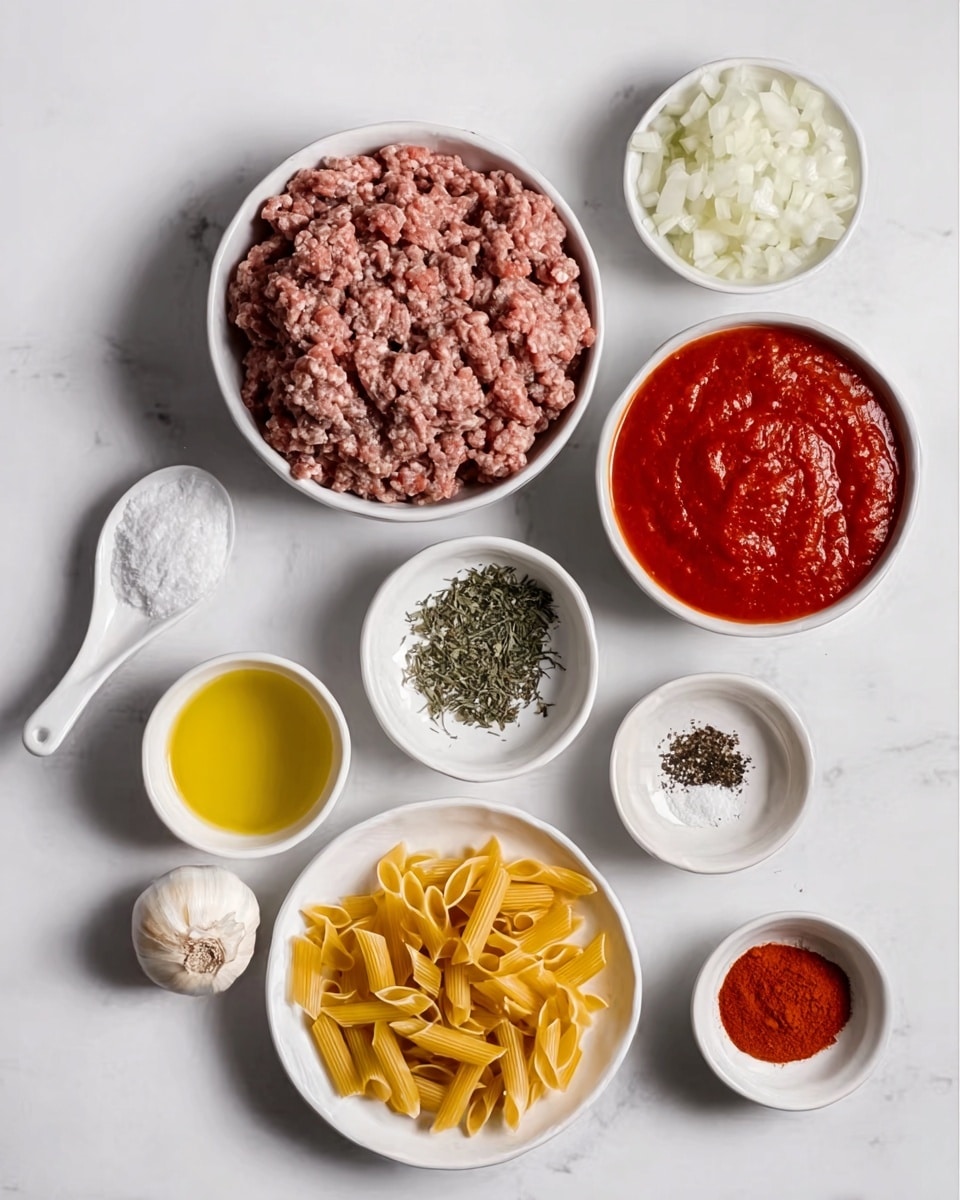 The image shows several white bowls and a white plate laid out on a white marbled surface, each holding different cooking ingredients. At the top center, there is a white bowl filled with raw ground meat, brownish in color and slightly rough in texture. To the left, a white bowl with a small amount of granulated white salt sits. Below it, a white bowl contains finely chopped white onions. Below and slightly right is a small white bowl holding dried green herbs. To the right of the raw meat bowl is a white bowl filled with thick, bright red tomato sauce. At the bottom center, a white plate holds uncooked yellow pasta, arranged loosely. Near the bottom right, a whole garlic bulb is placed on the marble. Near the bottom center, a small white bowl with golden yellow olive oil is visible. Next to it, a smaller white bowl contains a mild red spice, and above it is a white bowl with black pepper. A white spoon rests across the bowls. Photo taken with an iphone --ar 4:5 --v 7