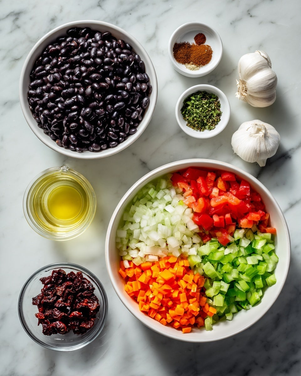 The image shows ingredients for a recipe arranged neatly on a white marbled surface. At the top center, there is a white bowl full of black beans. Below it, on the right, a large white bowl holds finely chopped vegetables in separate sections: bright red tomatoes, light green celery, white onions, and orange carrots. To the left of this bowl, a clear glass cup contains a light yellow liquid. Above the cup, a small white bowl holds various spices, including brown, green, and red powders, along with a clove of garlic placed next to it. Next to the spices, a small glass bowl contains chopped dark red pieces, possibly dried tomatoes or another ingredient. The colors are bright and vivid, and the food textures look fresh. photo taken with an iphone --ar 4:5 --v 7
