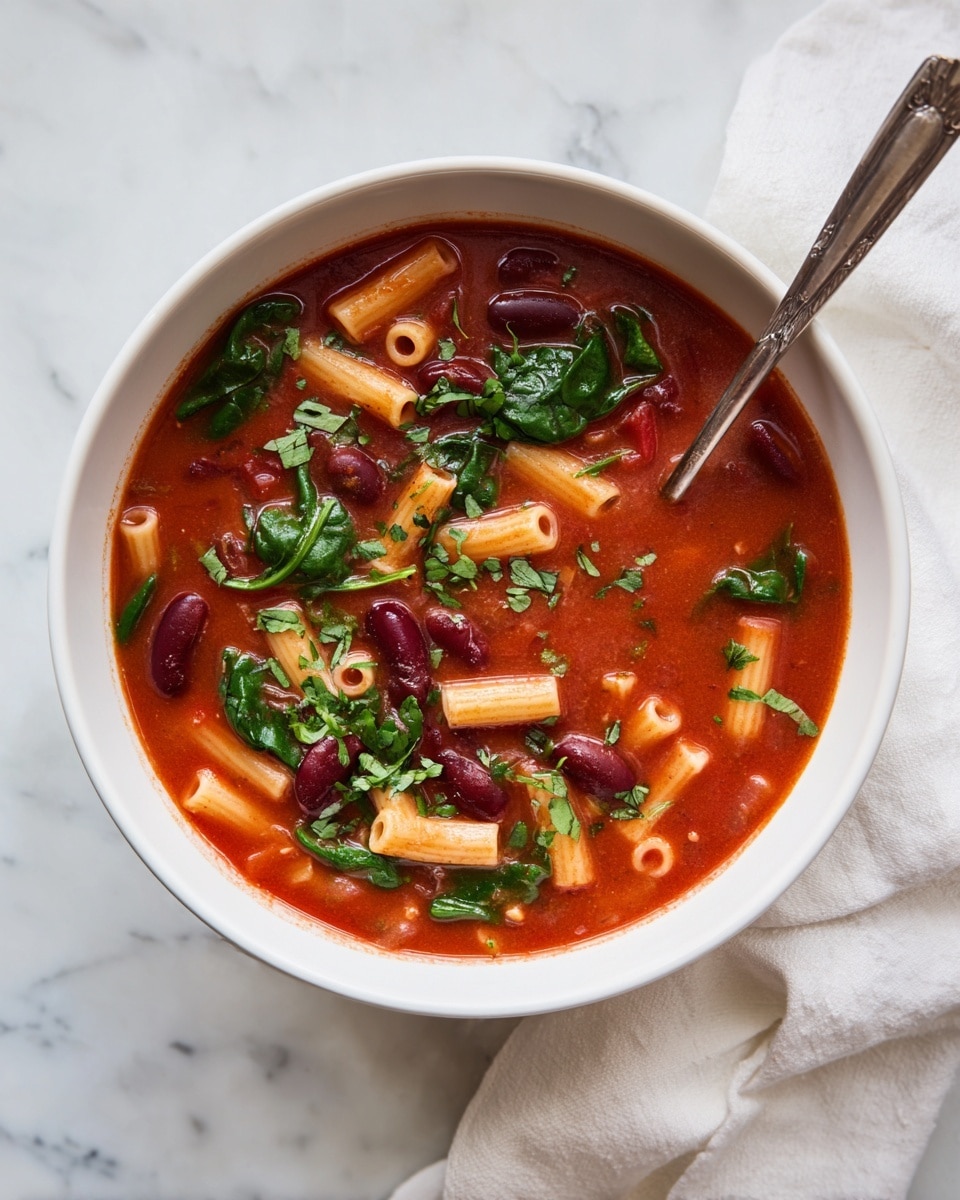 The image shows a white bowl filled with a bright red tomato soup with many layers: small tube-shaped pasta pieces floating throughout, dark red kidney beans scattered on top, fresh green spinach leaves spread evenly, and small bits of chopped green herbs sprinkled last. A spoon rests inside the bowl, and the bowl is on a white marbled surface with a white cloth in the background. photo taken with an iphone --ar 4:5 --v 7