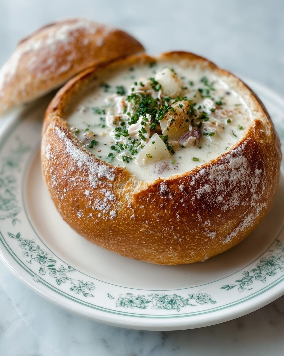 A round bread bowl with a golden brown crust is filled with creamy white soup that contains small pieces of chicken and translucent potato chunks. The soup is topped with a sprinkle of green herbs. The bread lid rests slightly behind the bowl on a white plate with a light green floral pattern. The plate sits on a white marbled surface. photo taken with an iphone --ar 4:5 --v 7