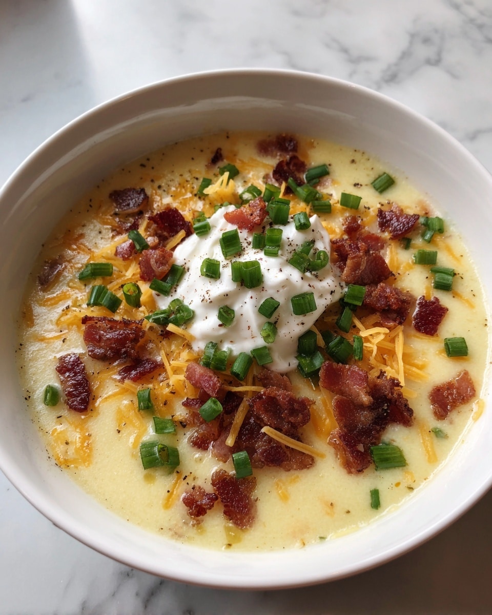 A white bowl holds thick creamy soup at the bottom layer, light yellow shredded cheese is sprinkled on top, followed by crispy browned bacon pieces scattered evenly. Bright green chopped scallions rest over the bacon, and a dollop of white sour cream sits in the center. The bowl is placed on a white marbled surface. Photo taken with an iphone --ar 4:5 --v 7