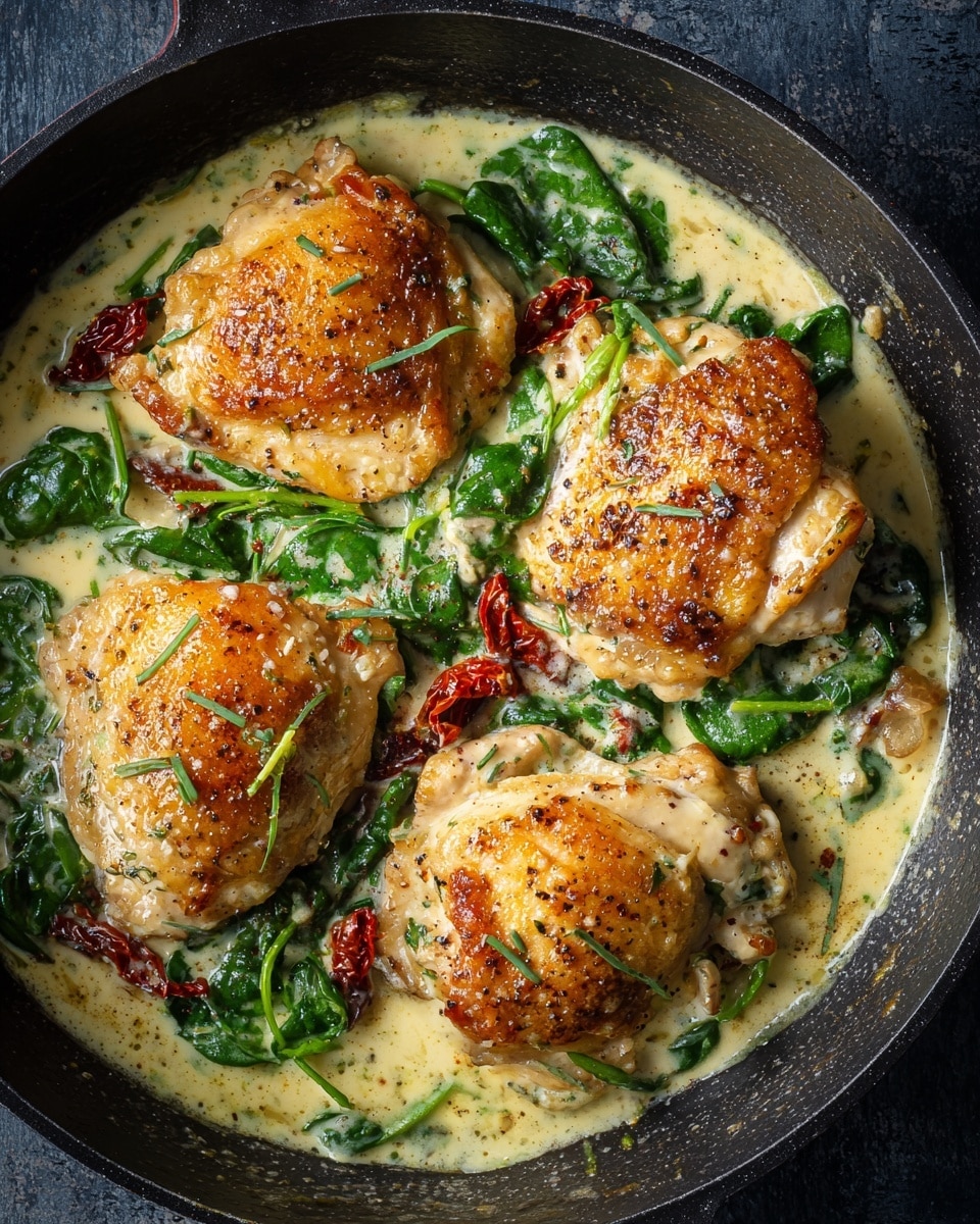 The image shows a black pan filled with four pieces of cooked chicken, each light golden brown with a slightly crispy surface. The chicken is partially submerged in a creamy light yellow sauce that has visible herbs throughout. Fresh green spinach leaves are scattered around the chicken, mixed into the sauce, along with pieces of dark red sun-dried tomatoes that add a pop of color. The pan sits on a dark textured surface. The photo has a close-up view with clear detail on the creamy sauce and the texture of the chicken. photo taken with an iphone --ar 4:5 --v 7