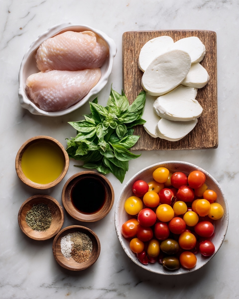 The image shows several ingredients arranged neatly on a white marbled surface. In the top left corner, there is a white dish filled with two raw light pink chicken pieces. To the right, a wooden board holds thick white slices of mozzarella cheese placed in a slight curve. Below the cheese, there is a small bunch of fresh green basil leaves. In the lower right corner, a large white bowl is full of small round cherry tomatoes in various red, orange, and yellow shades. Scattered in between are four small wooden bowls containing sauces and spices: a dark balsamic vinegar, a rich golden olive oil, salt with pepper, and a light brown seasoning mix. The composition is bright with soft natural light. Photo taken with an iphone --ar 4:5 --v 7
