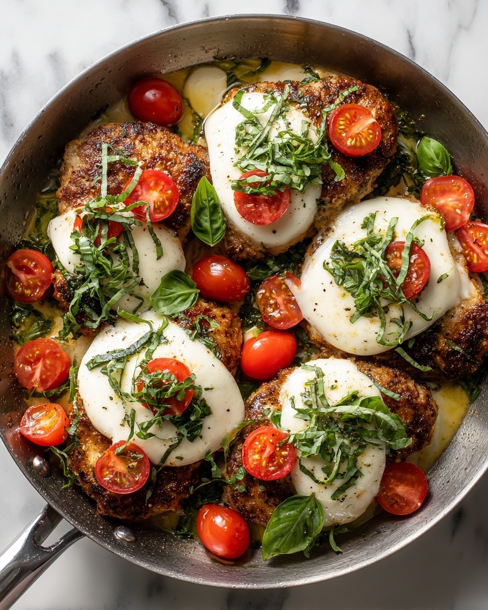 The image shows a round pan filled with five cooked chicken pieces, each topped with layers of fresh mozzarella slices that are white and smooth. On top of the cheese, there are bright red tomato slices, dark green torn basil leaves, and some scattered small red cherry tomatoes around the chicken. The chicken is browned and juicy with a slightly crispy texture at the edges. The pan sits on a white marbled surface. photo taken with an iphone --ar 4:5 --v 7