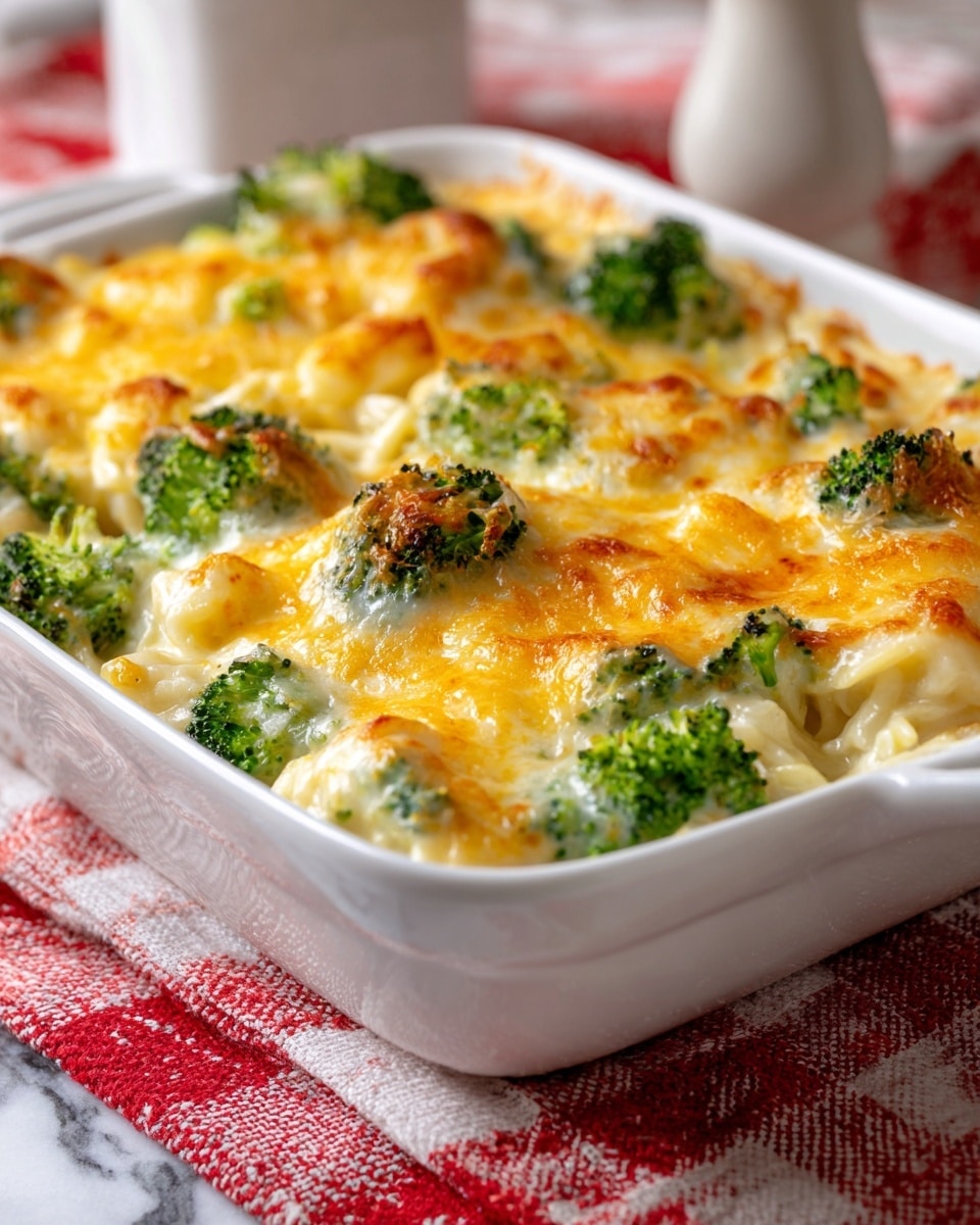 A white rectangular baking dish filled with a layered casserole. The top layer is covered with melted golden brown cheese with some parts slightly darker and bubbly. Underneath the cheese, small pieces of broccoli green and soft noodles are visible. The casserole looks creamy with some white sauce mixed with the broccoli and pasta. The dish is placed on a table with a red and white checkered cloth and a white marbled surface underneath. Photo taken with an iphone --ar 4:5 --v 7