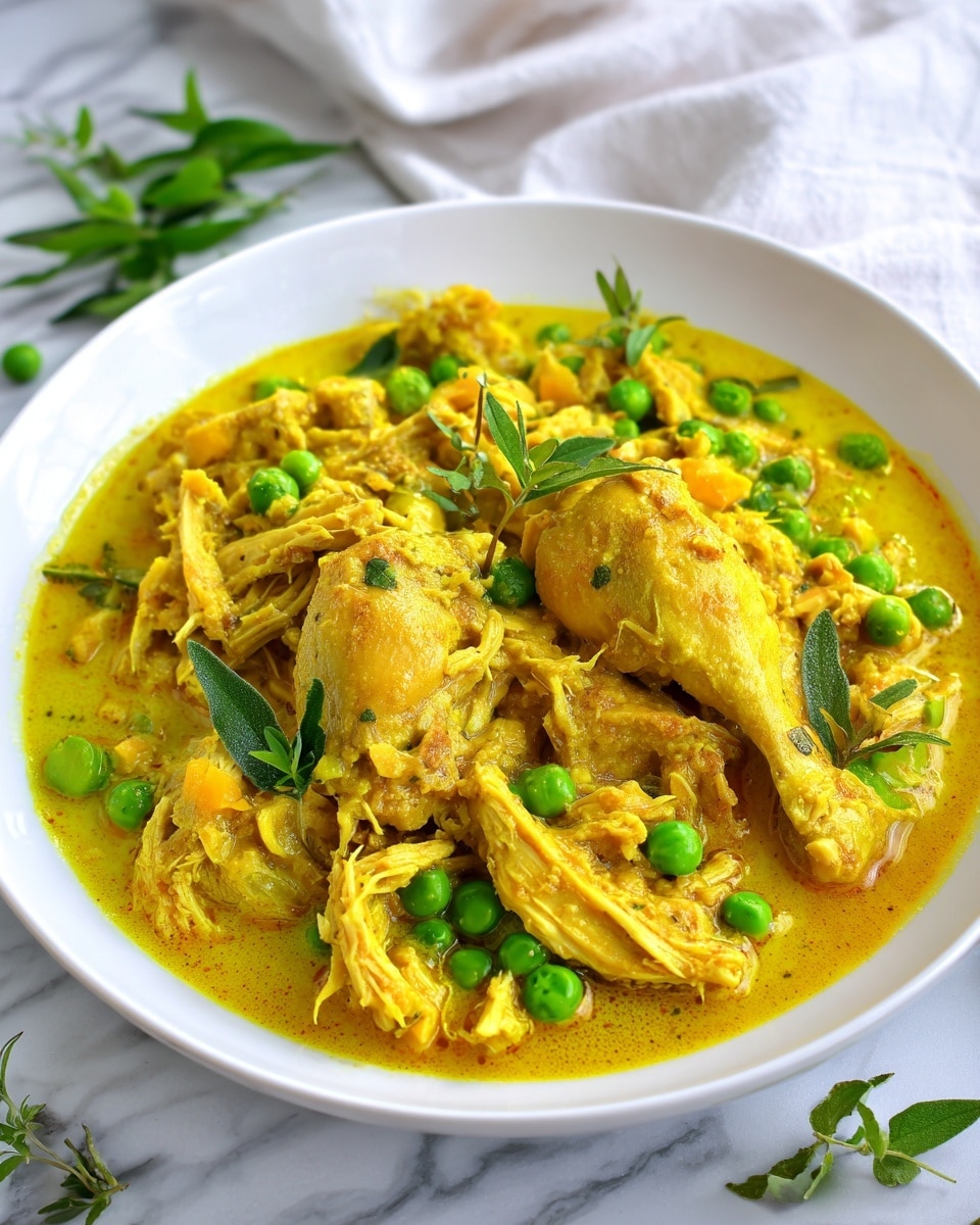 The image shows a white plate filled with yellow curry with chicken. There are two pieces of chicken placed on top of the dish, with many shredded pieces of chicken mixed throughout a thick, yellow sauce. Green peas are scattered around in the sauce, which has a creamy and slightly shiny texture. Small green leaves of herbs are sprinkled on top for garnish. In the background, there is a white marbled surface visible. Photo taken with an iphone --ar 4:5 --v 7