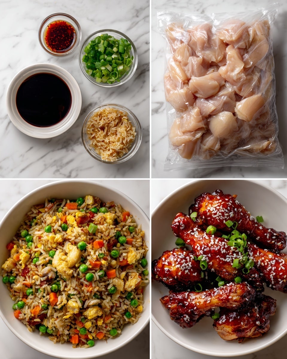 The image shows four smaller pictures arranged in a grid, each depicting a stage of cooking chicken fried rice. The top right shows raw chicken pieces in a clear plastic bag. The top left displays small white bowls with different sauces and ingredients, including soy sauce, possibly garlic, and chili sauce, all on a white marbled surface. The bottom left shows cooked chicken fried rice in a white bowl, with green peas, carrots, and bits of scrambled egg visible on top. The bottom right shows the finished dish served with crispy glazed chicken drumsticks garnished with sesame seeds and chopped green onions, placed on the same white bowl of fried rice. photo taken with an iphone --ar 4:5 --v 7