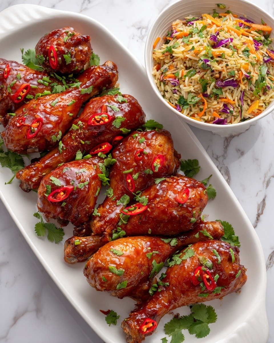 The image shows a white tray with nine glazed chicken drumsticks arranged closely together, each coated in a shiny, reddish-brown sauce with some pieces of sliced red chili on top. Fresh green cilantro leaves are scattered over the drumsticks and tray, adding a fresh touch. On the right side of the tray, there is a white bowl filled with stir-fried rice mixed with small pieces of orange carrot, green leafy vegetables, and purple cabbage, creating a colorful contrast. The tray is set on a white marbled surface. Photo taken with an iphone --ar 4:5 --v 7