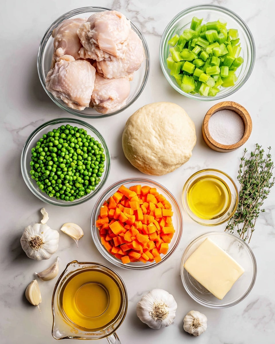 The image shows several clear glass bowls and measuring cups arranged on a white marbled surface, each holding different ingredients. At the top left, two raw, pale pink chicken pieces sit in a round glass bowl. Nearby, a bowl holds bright green chopped celery pieces. To the right, there's a ball of light beige dough. Below, a measuring cup filled with golden-yellow broth is visible. In the center, a bowl contains vibrant orange chopped carrots, while next to it another bowl is filled with bright green peas. A small bowl of light yellow olive oil rests near the middle. At the bottom, a small glass bowl holds a pale yellow stick of butter beside a bowl of white chopped onions. A bulb of garlic and a bunch of fresh green thyme lie on the surface, along with a wooden salt container filled with coarse salt. The setup is clean, bright, and colorful, with all items neatly spaced out. Woman's hand is not visible in the image. photo taken with an iphone --ar 4:5 --v 7