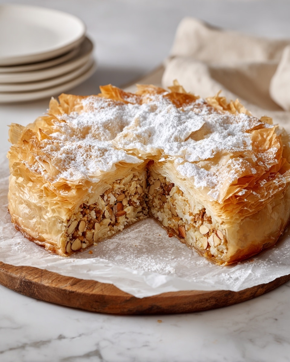 A round pie with a flaky, crinkly top layer of golden brown phyllo dough dusted with white powdered sugar. One wedge is missing, revealing the inside layers: a thick filling of shredded beige nuts and light brown shredded pieces, all tightly packed and textured. The pie sits on white parchment paper over a wooden board, with a soft beige cloth in the background and stacked white plates to the side, all against a white marbled surface. photo taken with an iphone --ar 4:5 --v 7